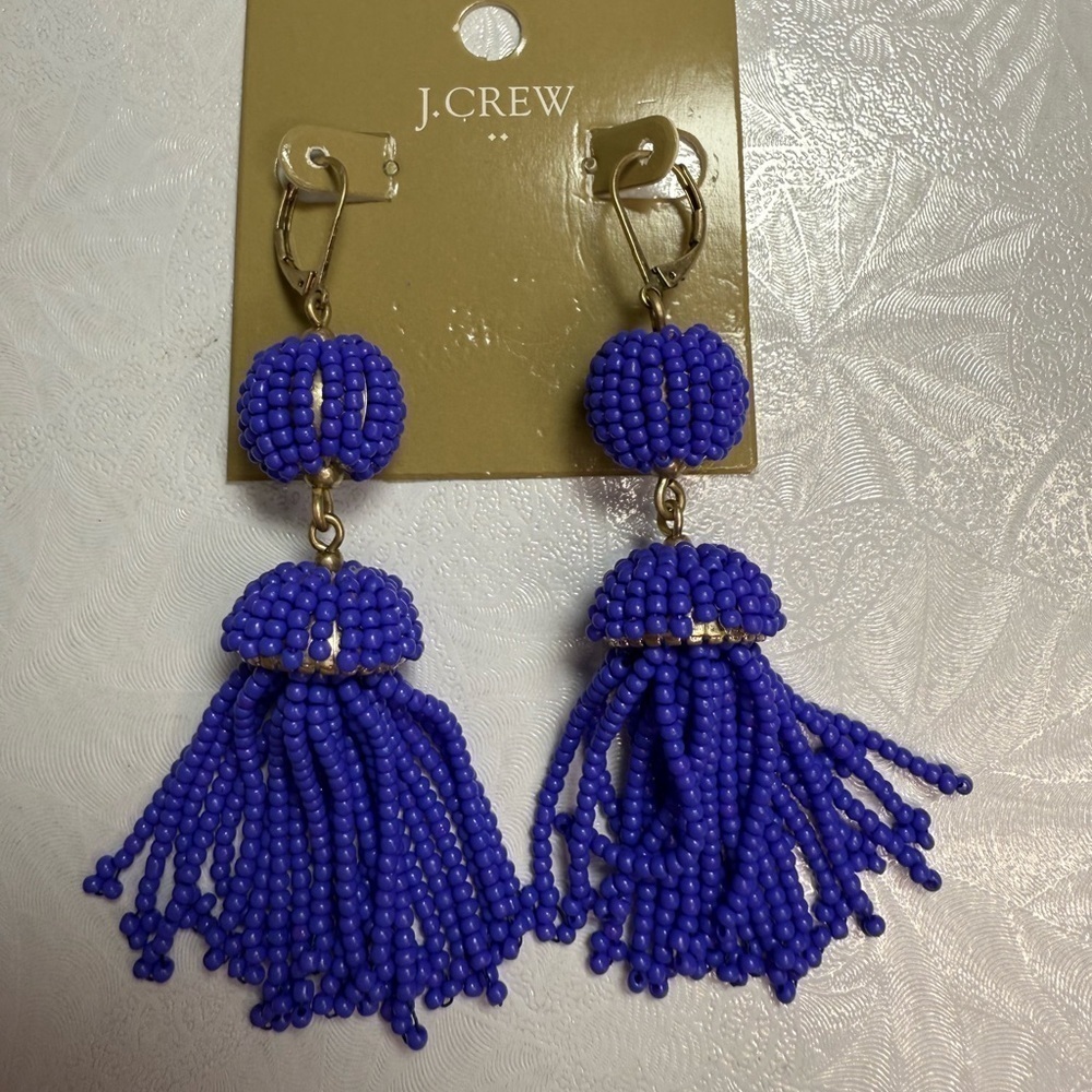 NWT J.Crew Purple Beaded Tassel Earrings - Picture 2 of 5